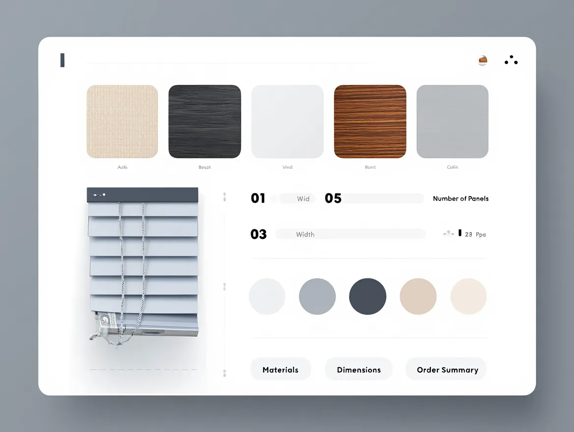 Custom blind configuration interface showing material and dimension options